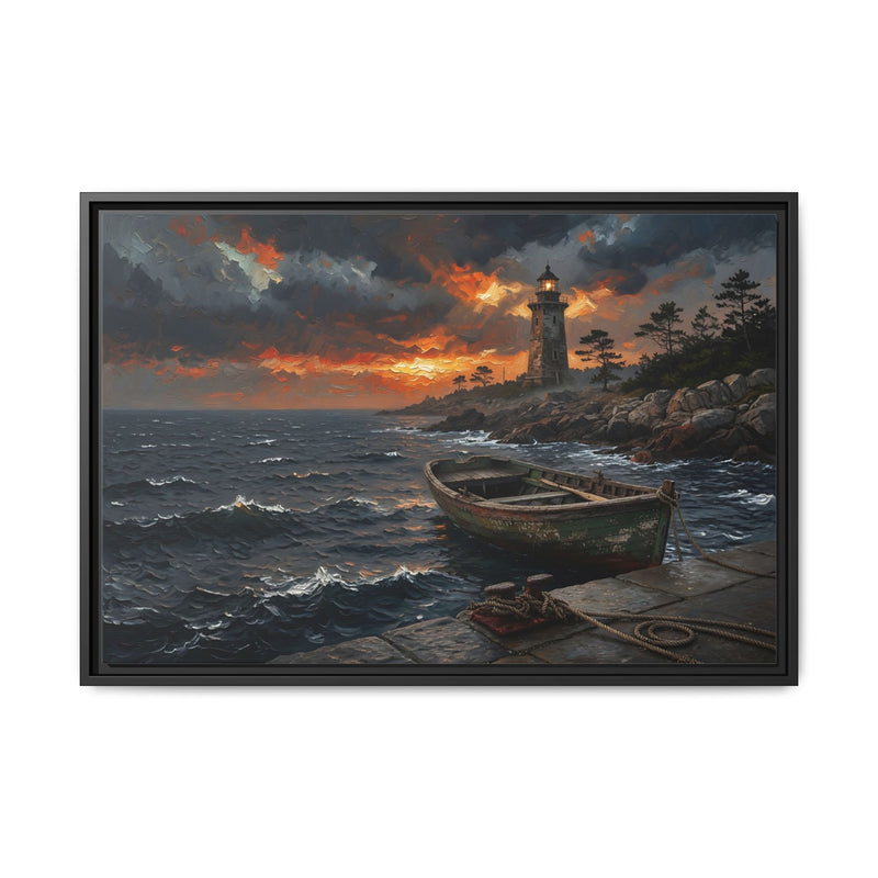 Framed canvas print with black frame showing a small rowboat by a lighthouse at dusk