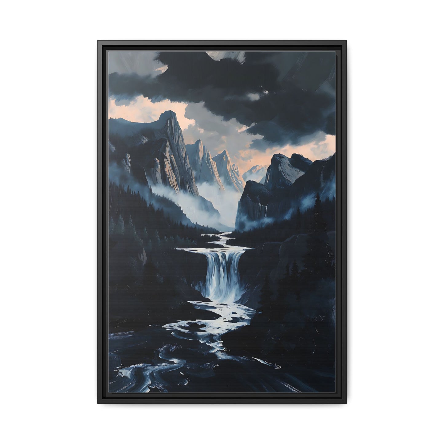 Mountain Waterfall Landscape Matte Canvas Framed | Moody Wall Art