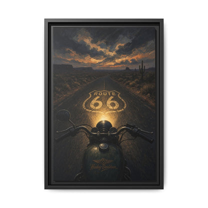 Framed Route 66 motorcycle canvas print, dark desert road with cactus silhouettes and Route 66