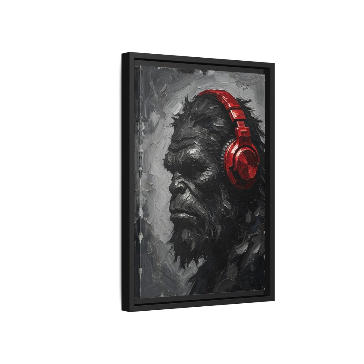 Framed canvas print of Bigfoot face with red over-ear headphones, grayscale illustration