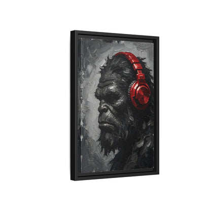 Framed canvas print of Bigfoot face with red over-ear headphones, grayscale illustration