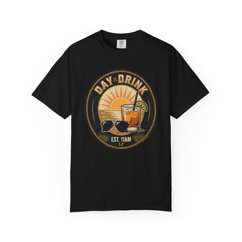 Black crew-neck t-shirt with circular “DAY DRINK” graphic and “EST. 11AM”