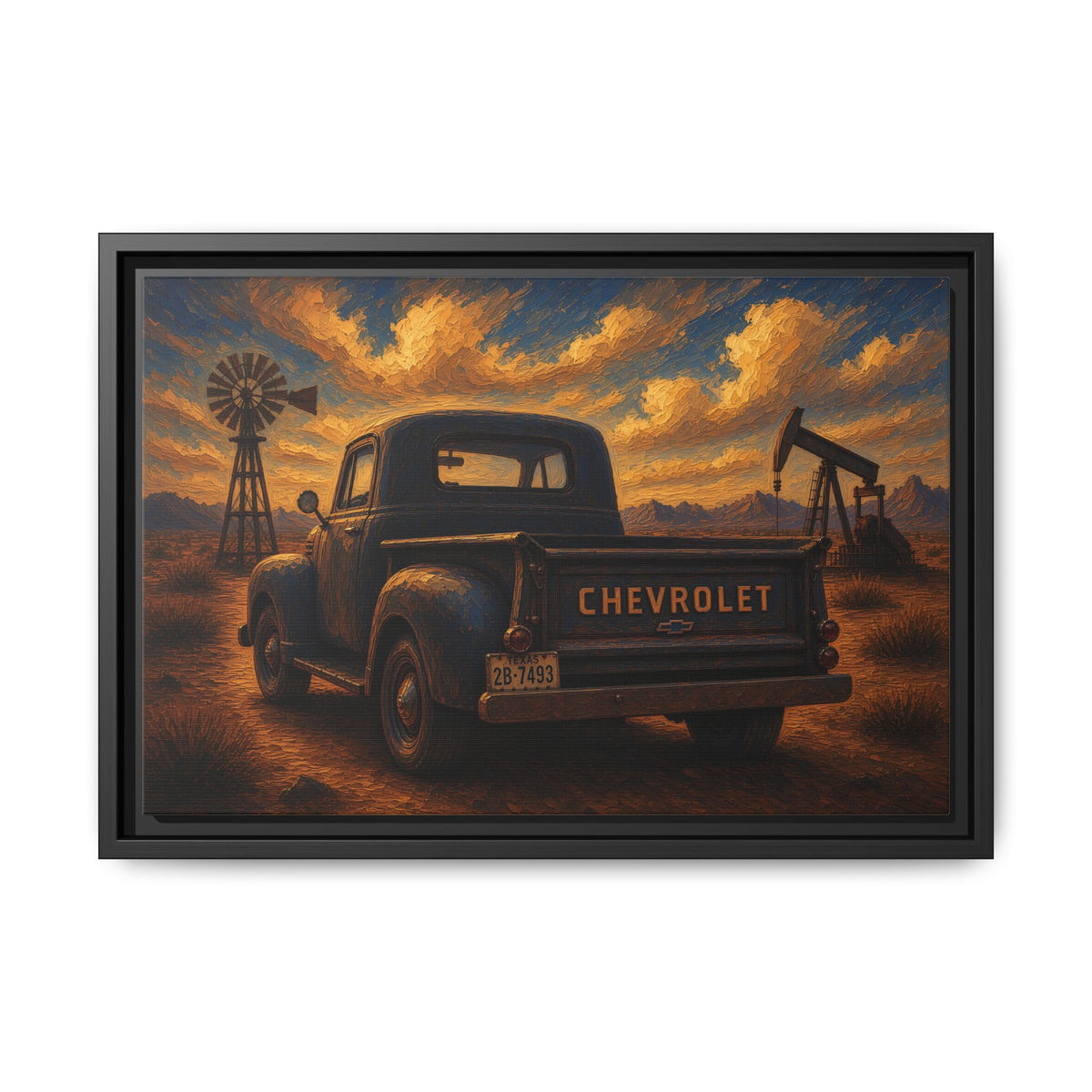Vintage Chevrolet Oil Field Sunset | Framed Canvas Wall Art