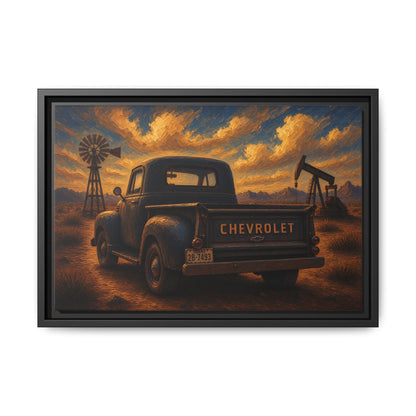 Vintage Chevrolet Oil Field Sunset | Framed Canvas Wall Art