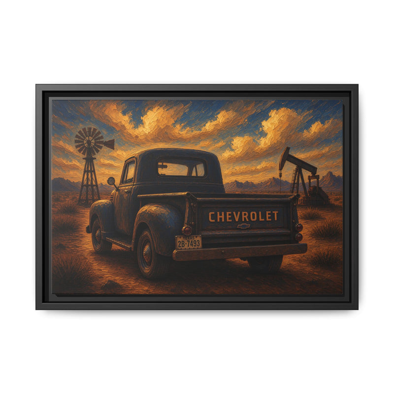 Vintage Chevrolet Oil Field Sunset | Framed Canvas Wall Art