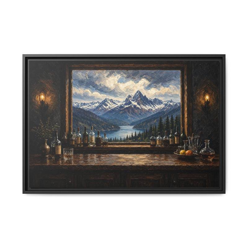 Mountain Lodge Bar – Window View Framed Canvas