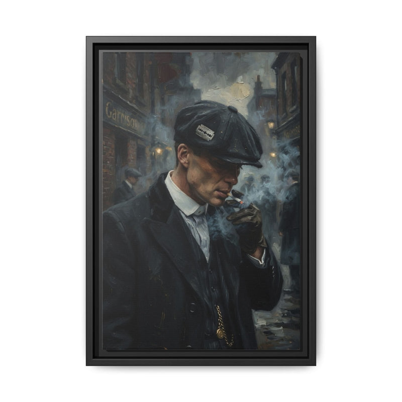 Framed matte canvas: smoking gentleman leaning forward, dark coat and cap