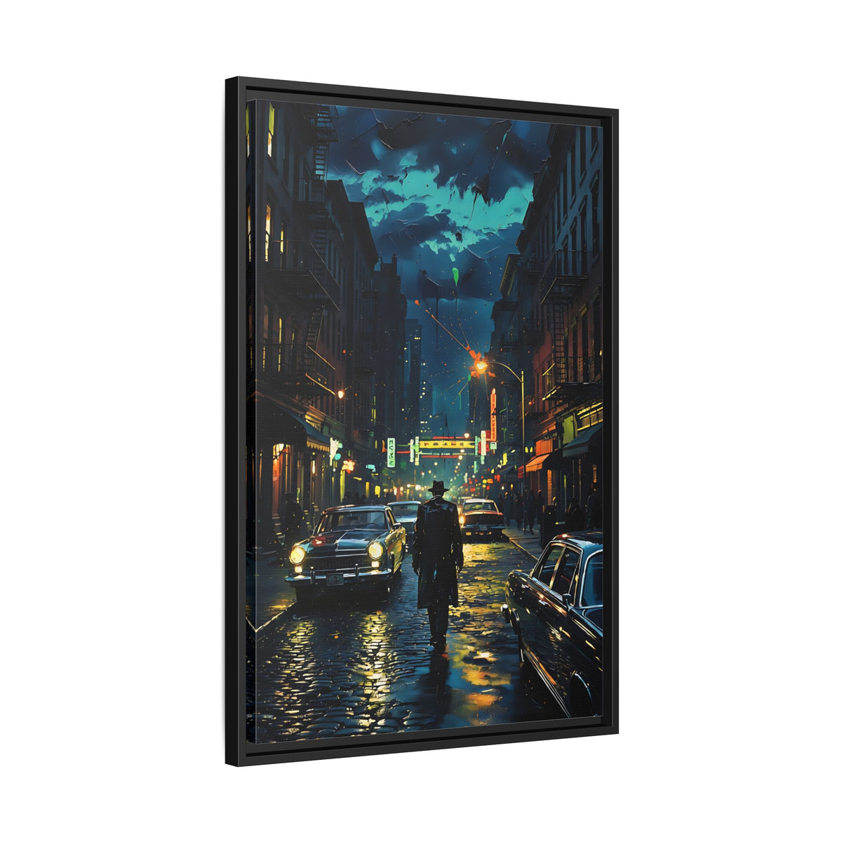 Vintage NY Gangster Rainy City Nightscape — Framed Canvas Print