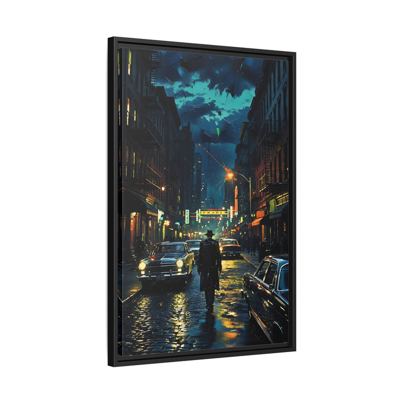 Black-framed canvas print, centered view of a rainy street with a walking figure