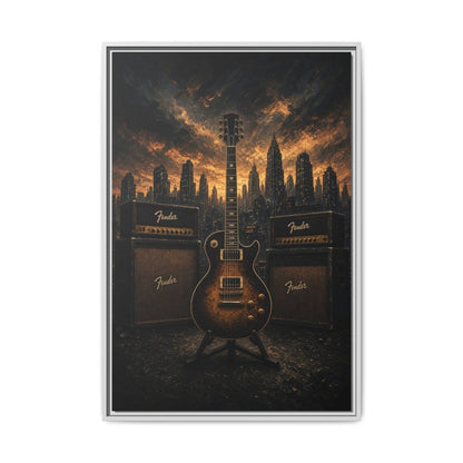 Guitar, Amps & Burning Skyline Cityscape Canvas