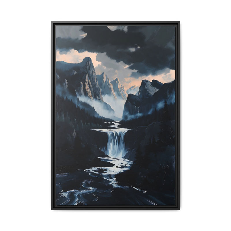 Framed matte canvas landscape print with mountain waterfall and rocks, black frame
