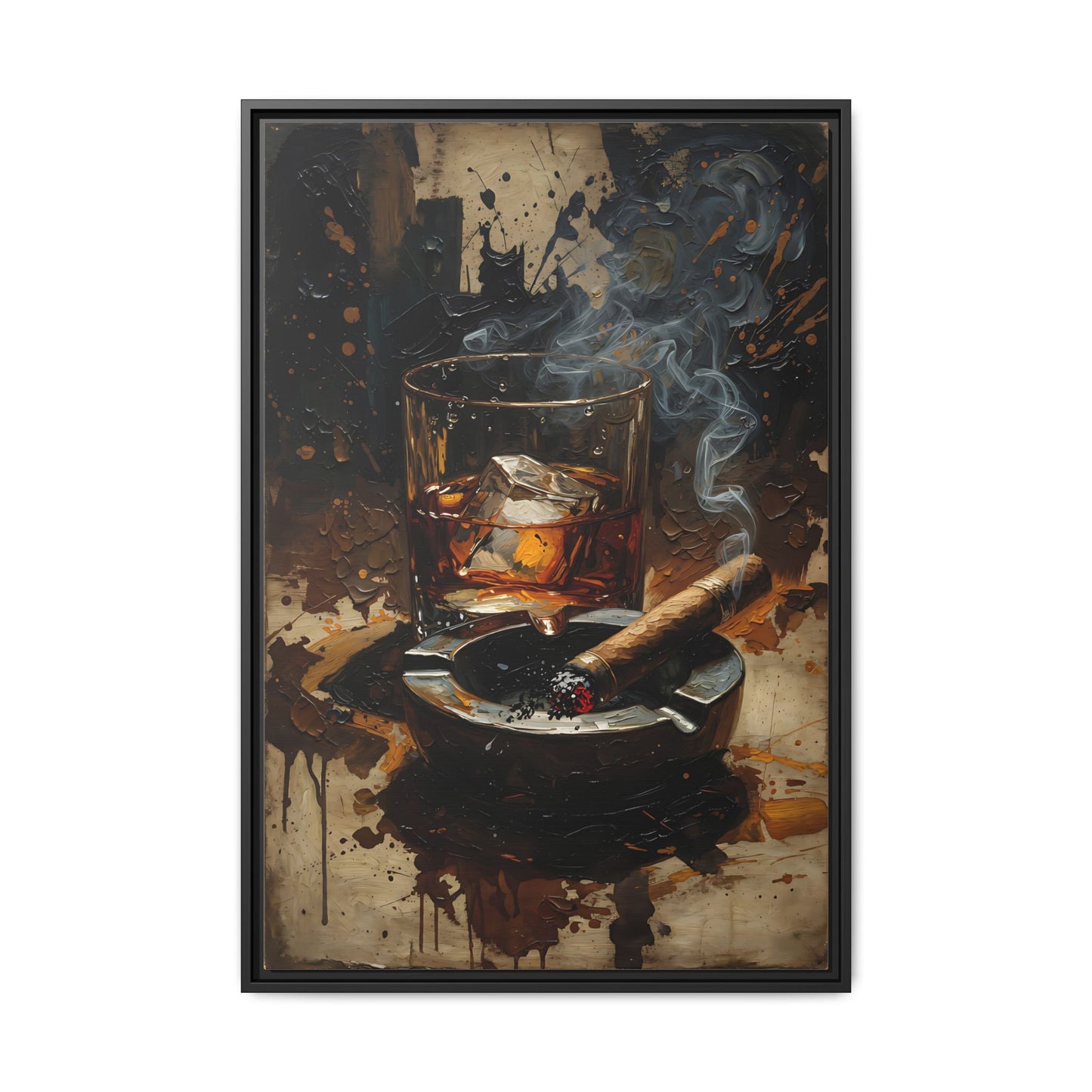 Black framed canvas wall art featuring a glass of whiskey, ashtray, cigar, and smoke swirl