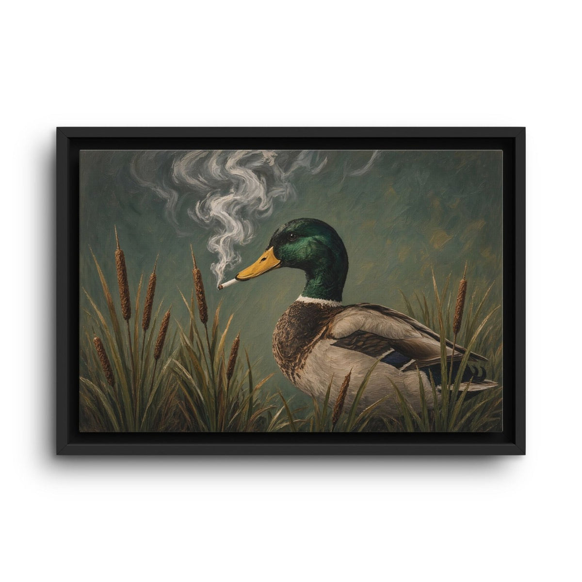 Framed canvas wall art featuring a duck with rising smoke over reeds