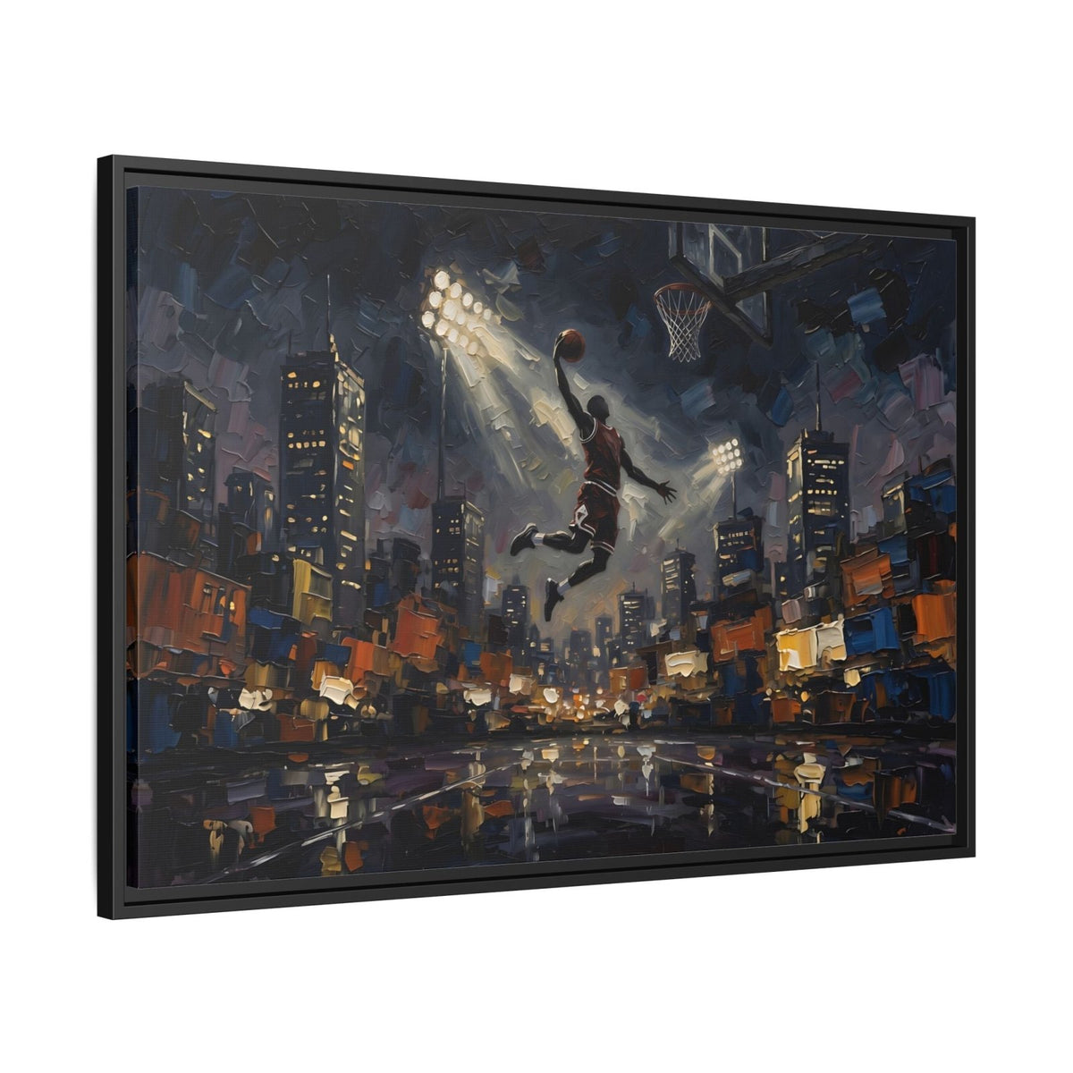 Angled view of framed basketball canvas wall art with a night skyline, hoop, and action figures