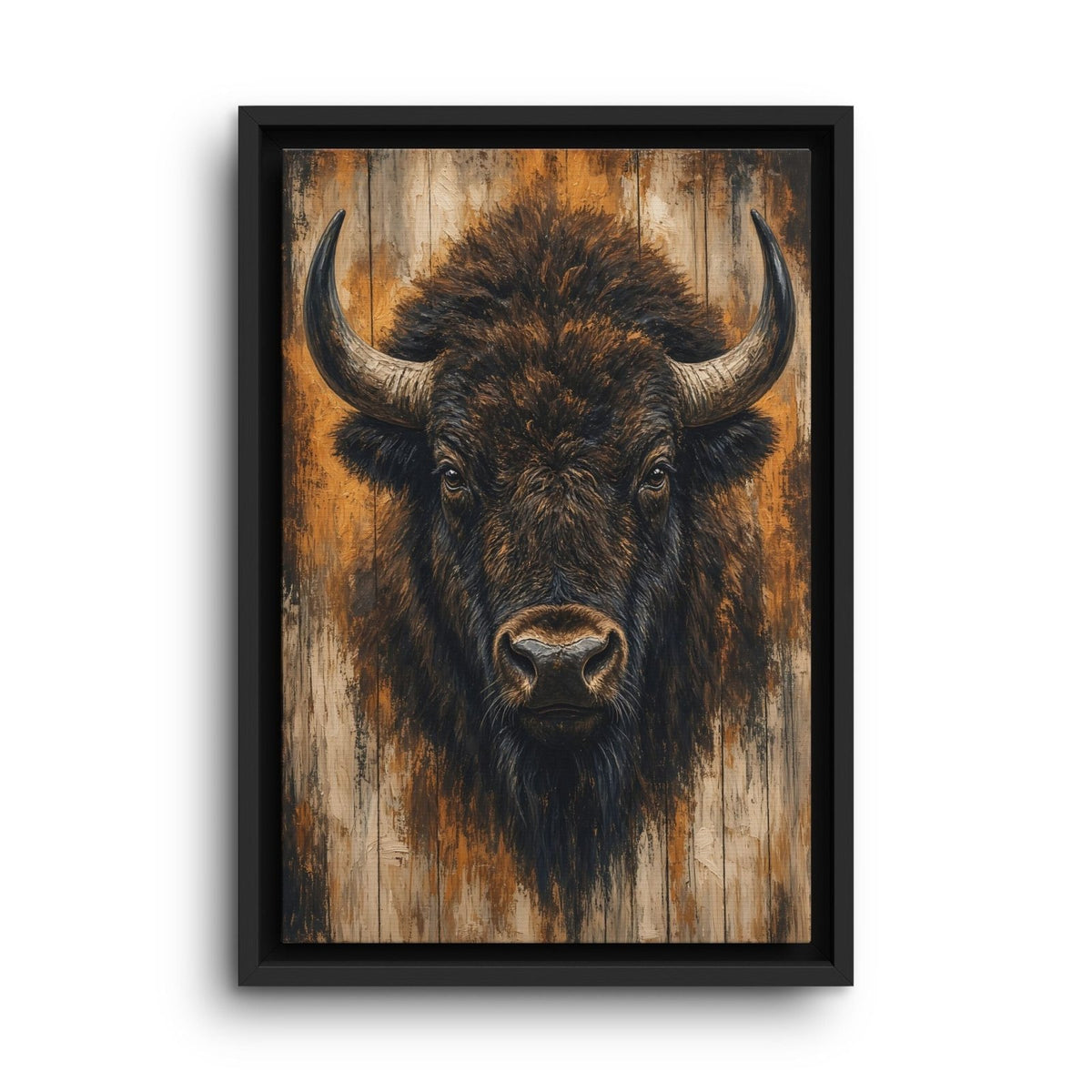 Framed bison portrait canvas wall art with dark fur and curved horns