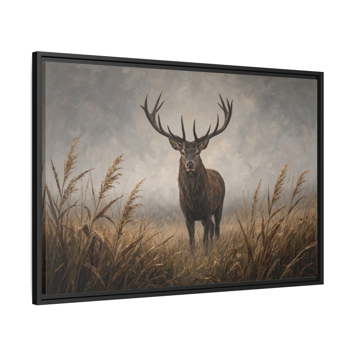 Stag deer canvas wall art in reeds, black frame, close view of head and horns