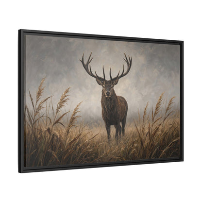 Stag deer canvas wall art in reeds, black frame, close view of head and horns