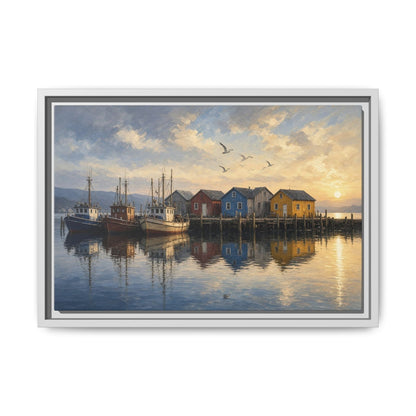 Framed canvas wall art: fishing harbor with boats, waterfront houses, and birds; gray frame