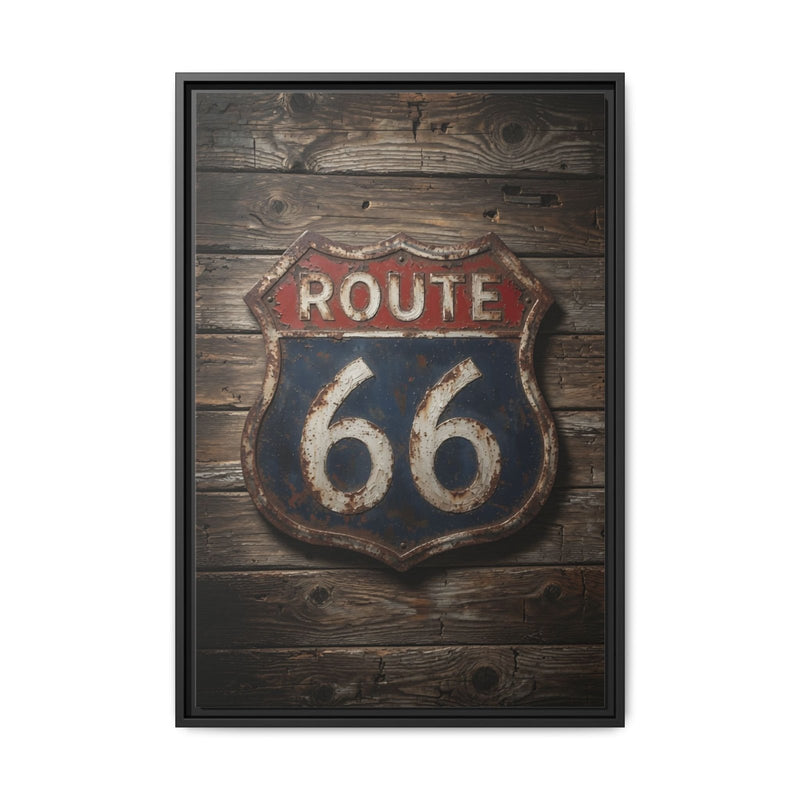 Route 66 Vintage Sign Framed Canvas — Rustic Retro Road Trip Wall Art