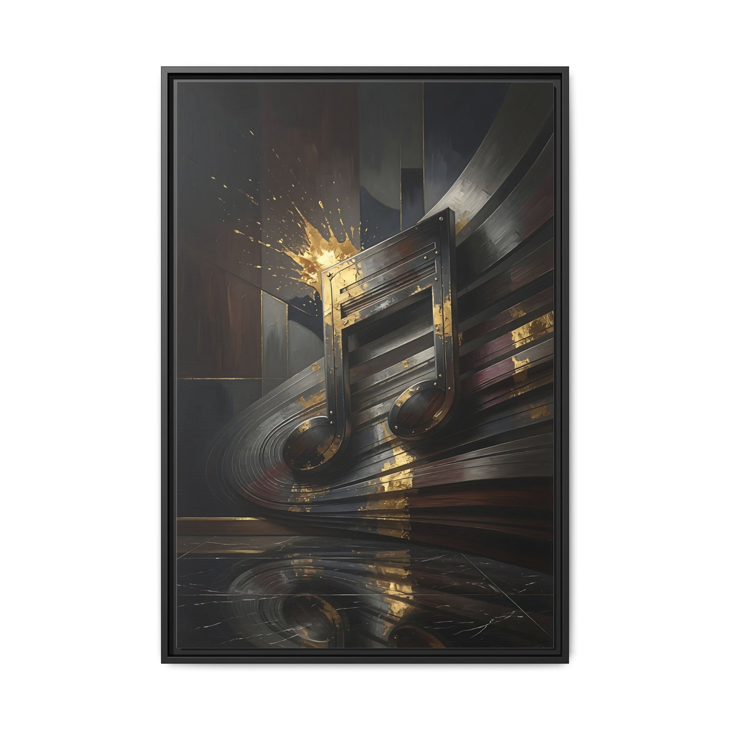 Framed black canvas wall art with abstract golden music note, metallic brush strokes