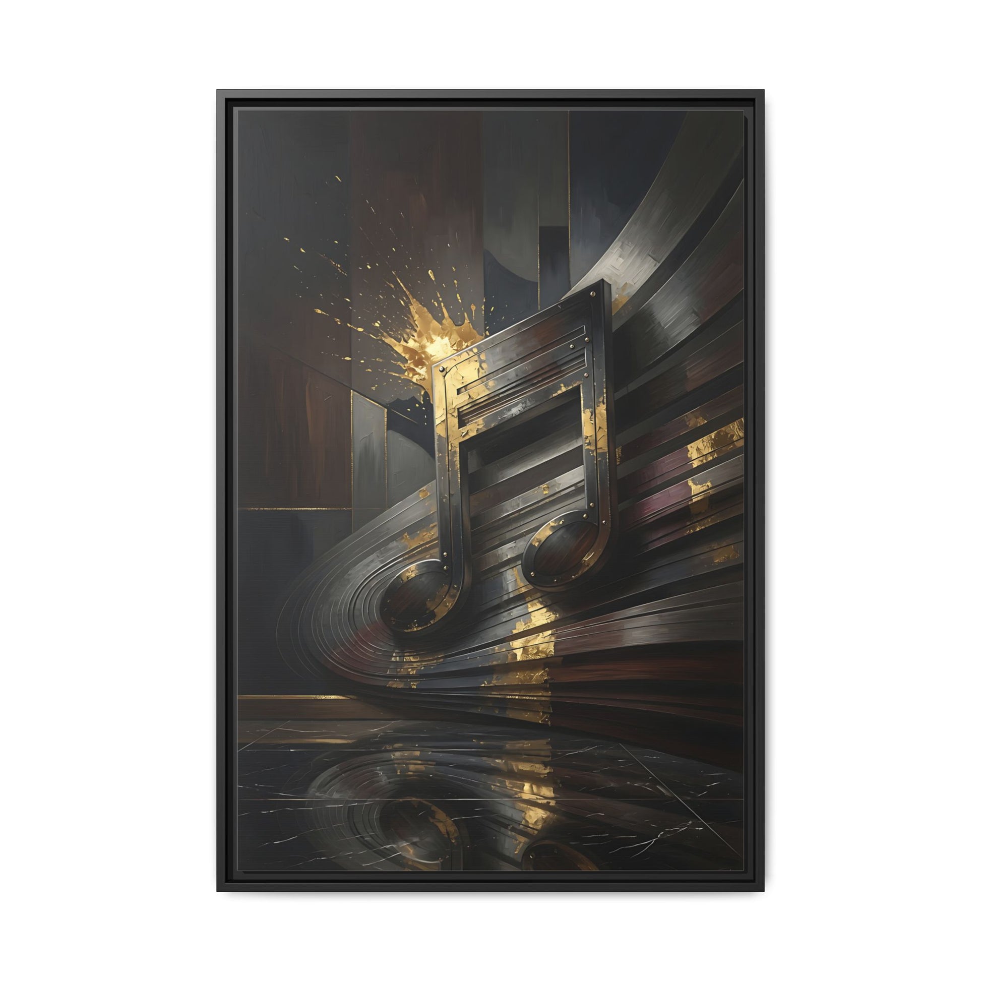 Framed black canvas wall art with abstract golden music note, metallic brush strokes