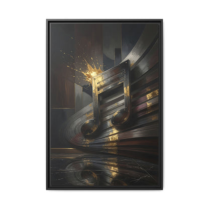 Framed black canvas wall art with abstract golden music note, metallic brush strokes
