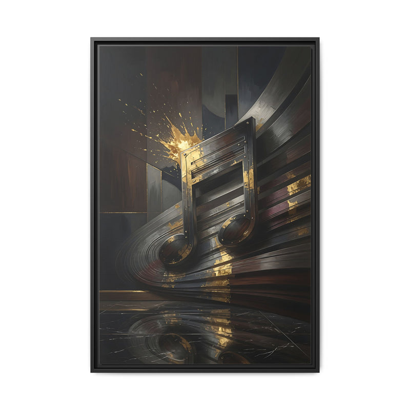 Framed black canvas wall art with abstract golden music note, metallic brush strokes