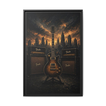 Guitar, Amps & Burning Skyline Cityscape Canvas