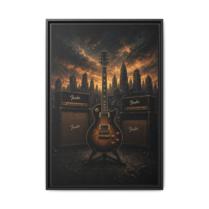 Guitar, Amps & Burning Skyline Cityscape Canvas