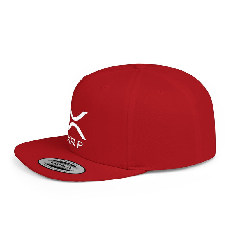 Snapback baseball cap with flat brim, red, white XRP logo on side