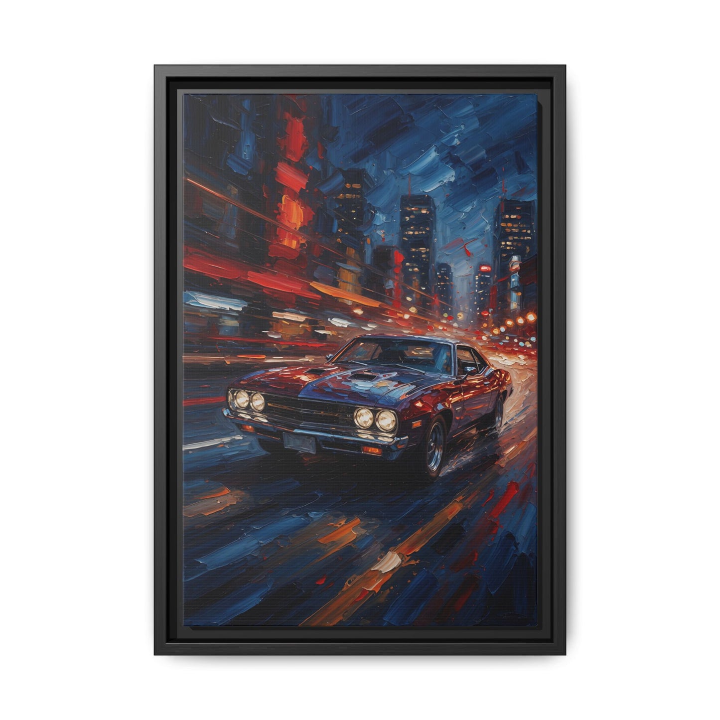 Framed Matte Canvas – Retro Muscle Car City Night Print