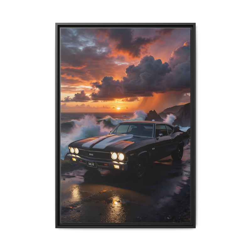 Framed canvas print of a black muscle car with orange sunset clouds