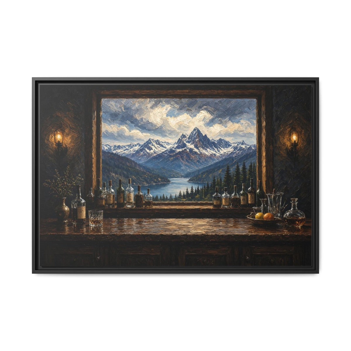 Mountain Lodge Bar – Window View Framed Canvas