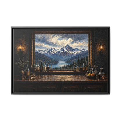 Mountain Lodge Bar – Window View Framed Canvas