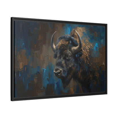 Framed Bison Canvas Art — Rustic Blue & Brown Wildlife Wall Decor