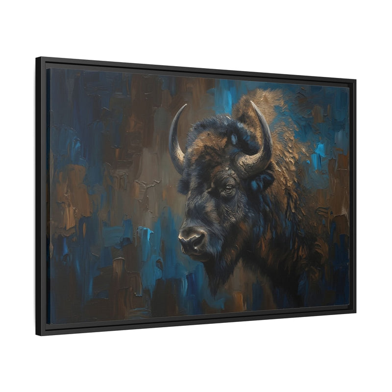 Framed bison canvas art with horn detail in blue and brown, black frame