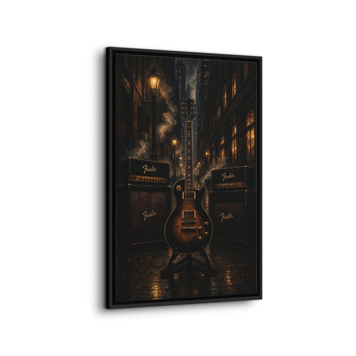 Vertical framed wall canvas of electric guitar with two amp stacks artwork