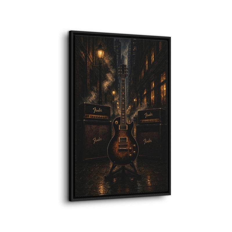 Vertical framed wall canvas of electric guitar with two amp stacks artwork