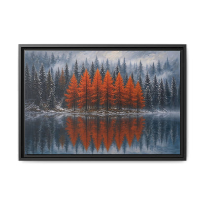 Framed landscape canvas wall art with orange trees and lake reflection, black frame