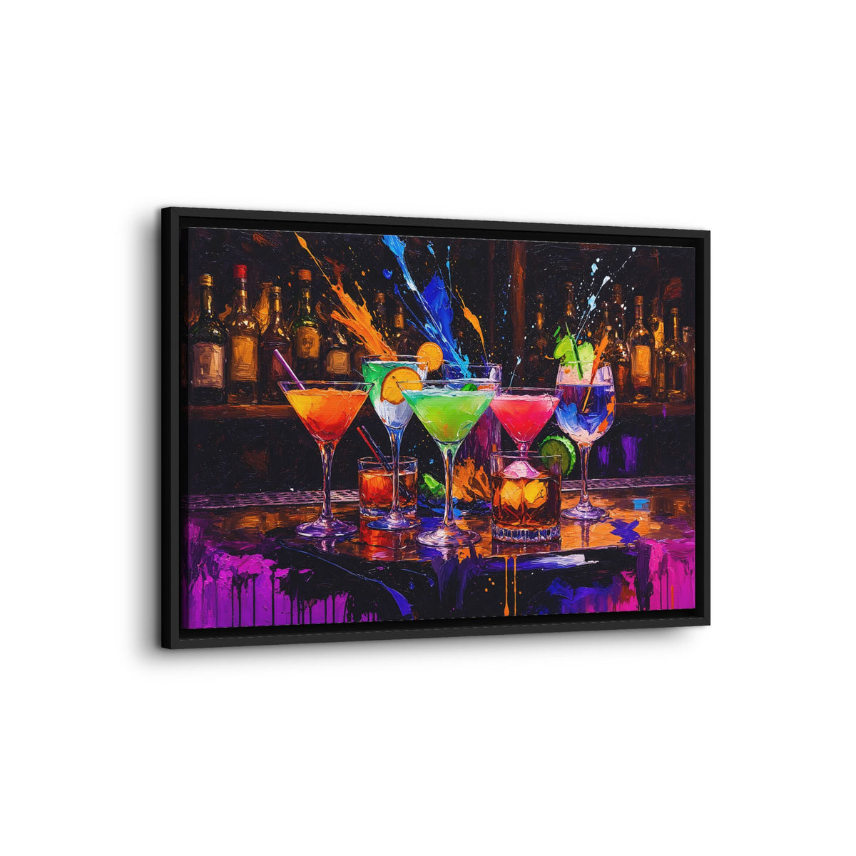 Framed bar artwork featuring colorful cocktails on a counter