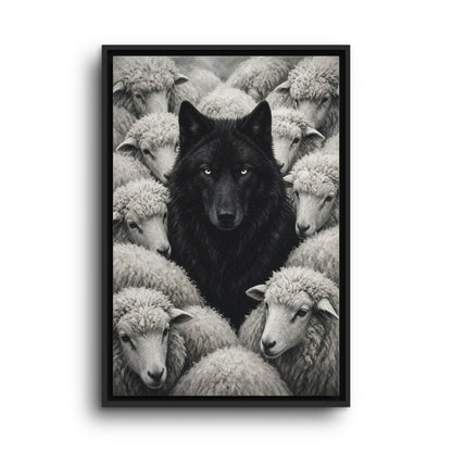 Portrait framed grayscale canvas featuring a black wolf with sheep surrounding it