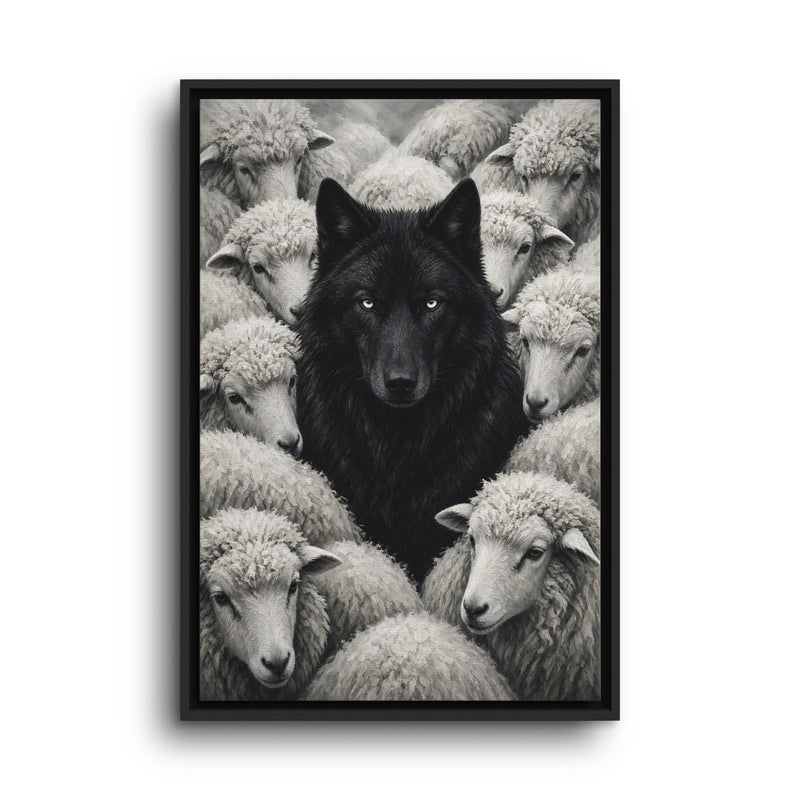 Portrait framed grayscale canvas featuring a black wolf with sheep surrounding it