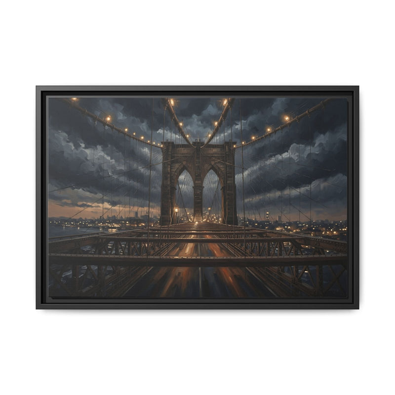Black framed matte canvas showing Brooklyn Bridge at dusk with golden roadway glow.