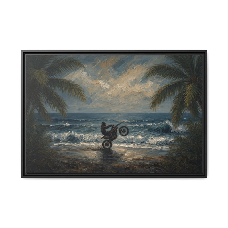 Black-framed beach artwork canvas showing palm trees, ocean waves, and a dirt bike mid-splash
