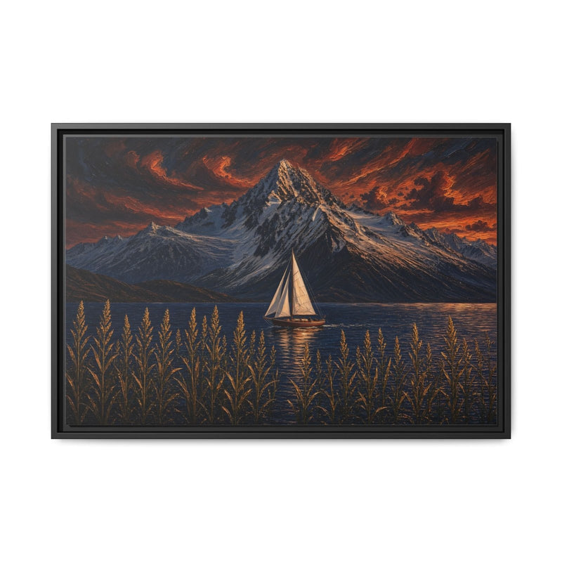 Black-framed mountain sailboat canvas print with fiery sunset sky and lake reeds