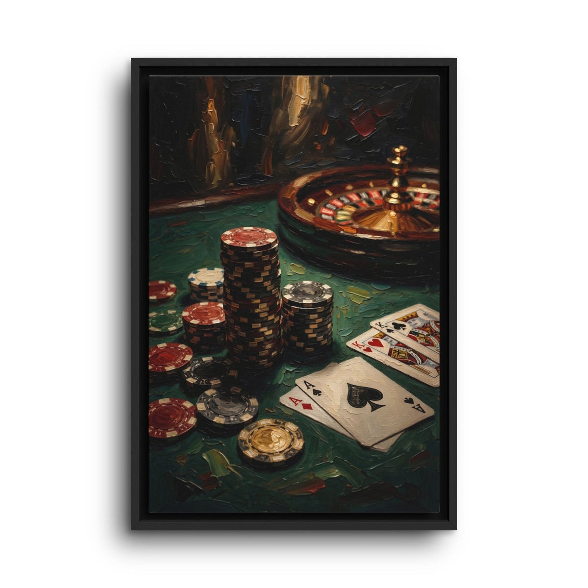 Black-framed canvas depicting a roulette wheel, poker chips and an ace of spades.