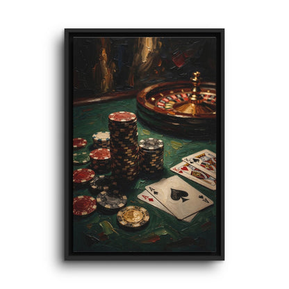 Black-framed canvas depicting a roulette wheel, poker chips and an ace of spades.
