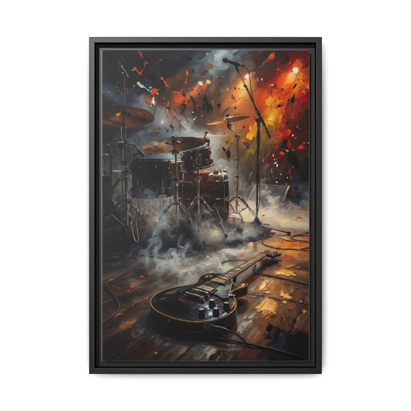 Framed matte canvas rock music wall art with guitar and drum kit, black frame