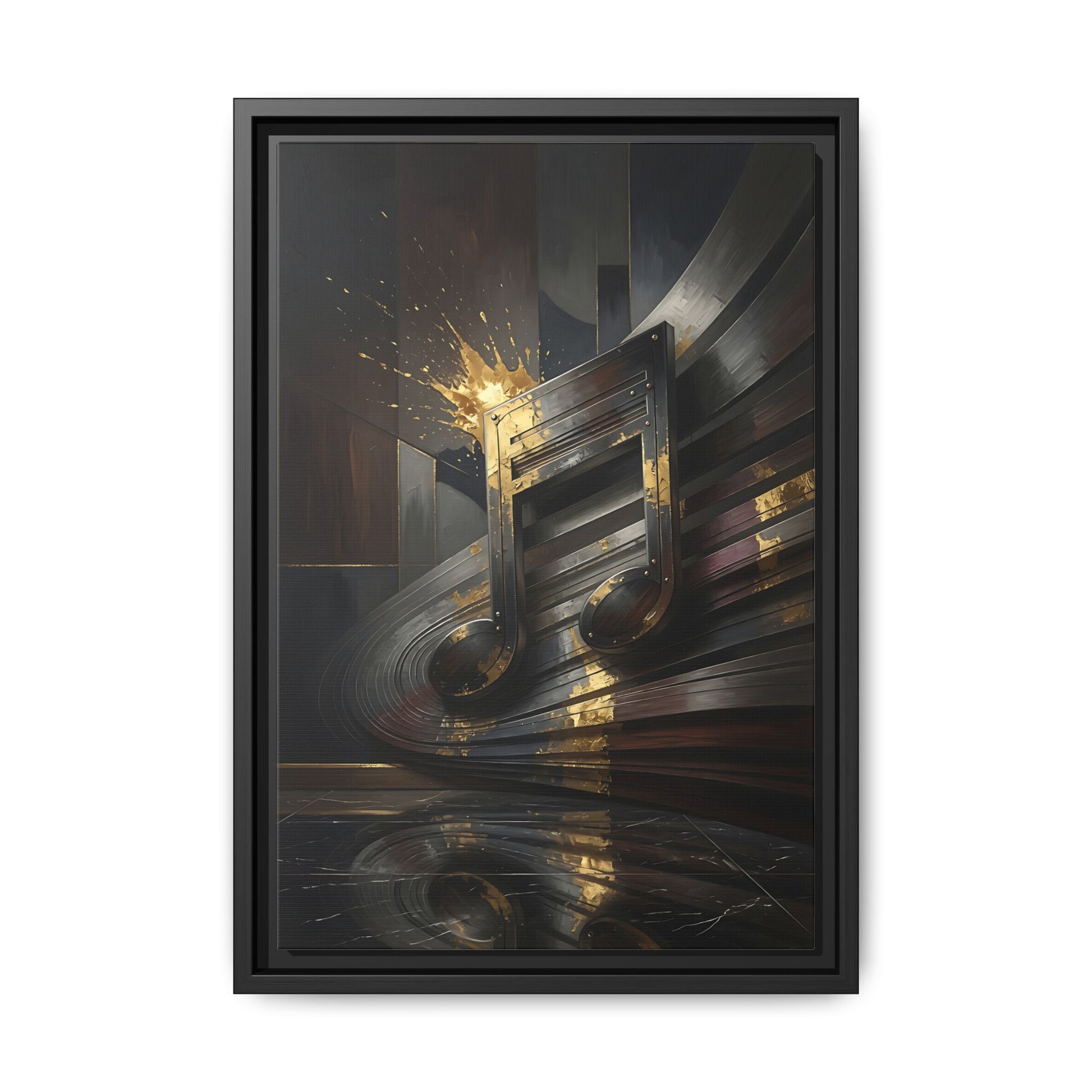 Framed black canvas wall art featuring abstract golden music note bars and sparks