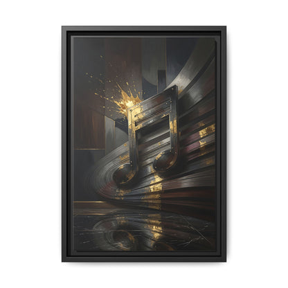 Framed black canvas wall art featuring abstract golden music note bars and sparks
